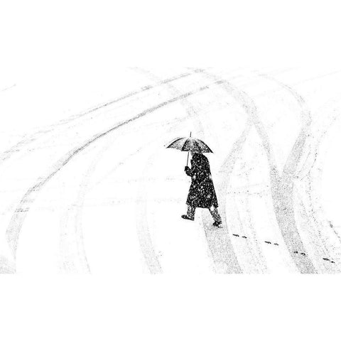 Man with umbrella White Modern Wood Framed Art Print by Ohlendorf, Anette