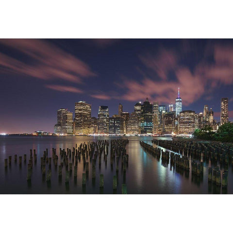 New York City at Night Black Modern Wood Framed Art Print with Double Matting by Austin