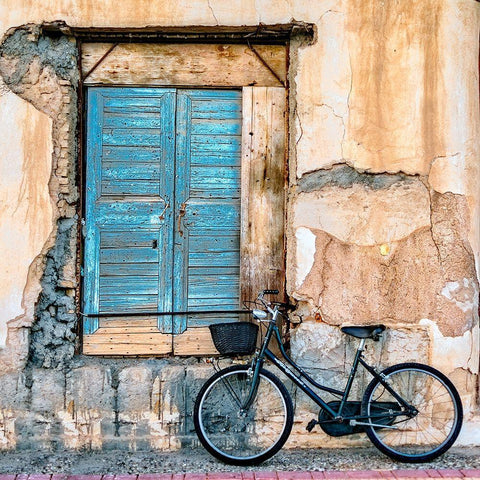 Old Window and Bicycle White Modern Wood Framed Art Print with Double Matting by Digalakis, George