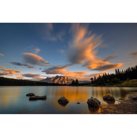 Two Jack Lake Sunset Gold Ornate Wood Framed Art Print with Double Matting by Zhu, Hua