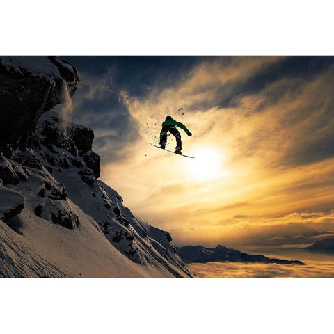 Sunset Snowboarding White Modern Wood Framed Art Print by Sanne, Jakob