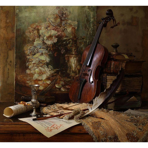 Still life with violin and painting White Modern Wood Framed Art Print by Morozov, Andrey