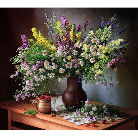 Still life with wildflowers and berries White Modern Wood Framed Art Print by Skorokhod, Tatyana