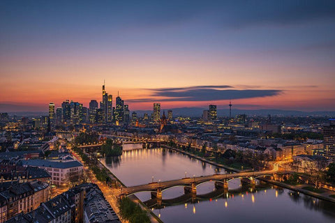 Frankfurt Skyline at sunset White Modern Wood Framed Art Print with Double Matting by Oelschlegel, Robin