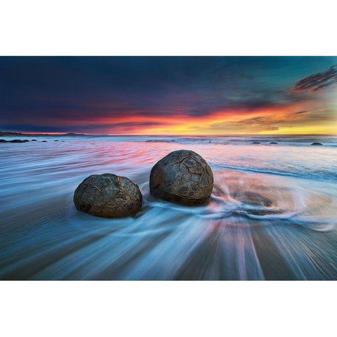 Moeraki Boulders Gold Ornate Wood Framed Art Print with Double Matting by Zhang, Yan