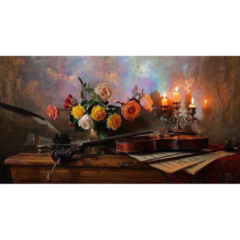 Still life with violin and flowers White Modern Wood Framed Art Print by Morozov, Andrey