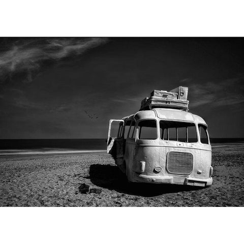 Beached Bus White Modern Wood Framed Art Print by Depaepe, Yvette