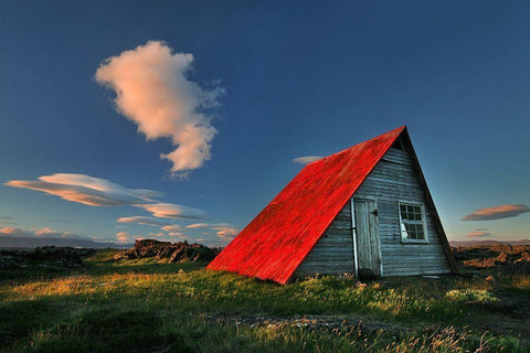 The Red Roof White Modern Wood Framed Art Print with Double Matting by Ingibergsson, Bragi