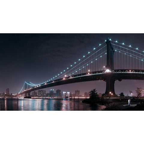 The 2 lovers under Manhattan Bridge Black Modern Wood Framed Art Print with Double Matting by Bravin, Fabien