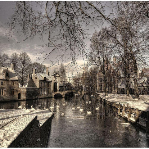 Bruges in Christmas dress White Modern Wood Framed Art Print by Depaepe, Yvette