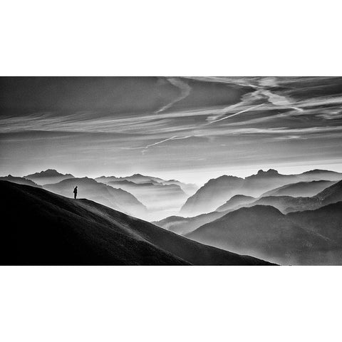 Hunter in the fog BW Black Modern Wood Framed Art Print by Guarino, Vito