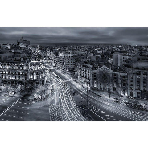 Madrid City Lights Black Modern Wood Framed Art Print with Double Matting by De La, Javier