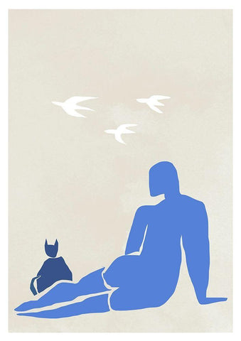 Woman and Cat White Modern Wood Framed Art Print with Double Matting by Artographie Studio