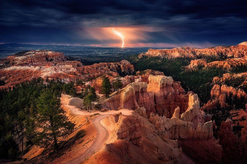 Lightning over Bryce Canyon Black Ornate Wood Framed Art Print with Double Matting by Mitterwallner, Stefan