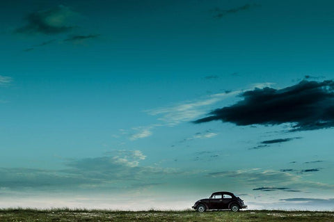 The Red VW Beetle Black Ornate Wood Framed Art Print with Double Matting by Otero, Camilo