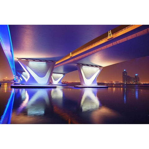 Al Garhoud Bridge-Night White Modern Wood Framed Art Print by Work, Robert