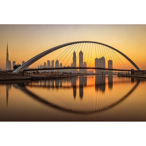 Sunrise at the Dubai Water Canal Black Modern Wood Framed Art Print with Double Matting by Shamaa, Mohammed