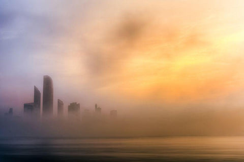 Abu Dhabi Cityscape - Foggy Morning Black Ornate Wood Framed Art Print with Double Matting by Kazzaz, mohamed