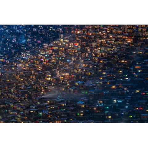 City on the Hill Black Modern Wood Framed Art Print with Double Matting by Wang, Xiaoyang