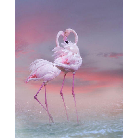 Flamingo Ballet White Modern Wood Framed Art Print by Wisniowska, Krystina