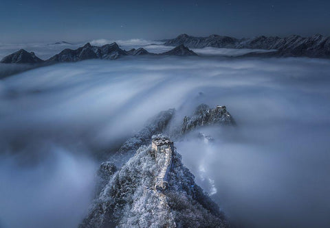 Flowing Clouds Pass over the Jian Kou Great Wall White Modern Wood Framed Art Print with Double Matting by Cui, Yuan