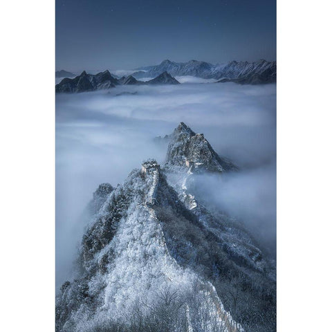 Jian Kou Great Wall in the Clouds Gold Ornate Wood Framed Art Print with Double Matting by Cui, Yuan