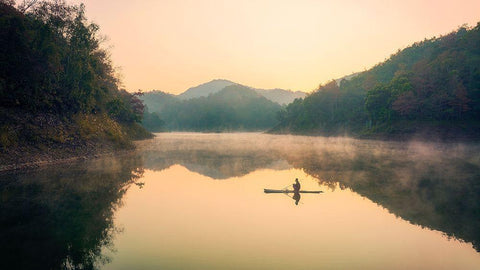 Autumn at Ban Viet Lake White Modern Wood Framed Art Print with Double Matting by Tan Tuan, Nguyen