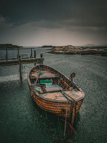 Old Fishingboat in the Rain White Modern Wood Framed Art Print with Double Matting by Larsson, Dan