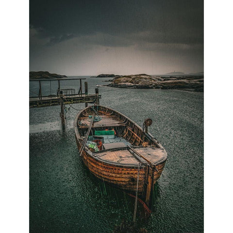 Old Fishingboat in the Rain White Modern Wood Framed Art Print by Larsson, Dan