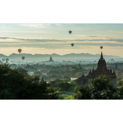 Balloons on Temples Gold Ornate Wood Framed Art Print with Double Matting by Suharini, Mieke