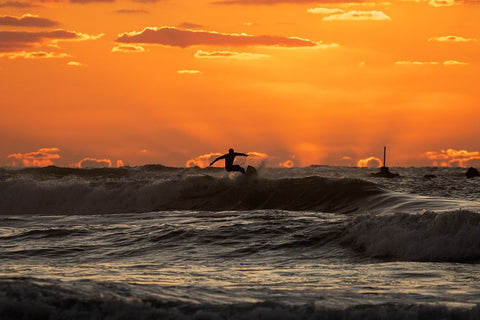 Surfer at sunset White Modern Wood Framed Art Print with Double Matting by Yuval