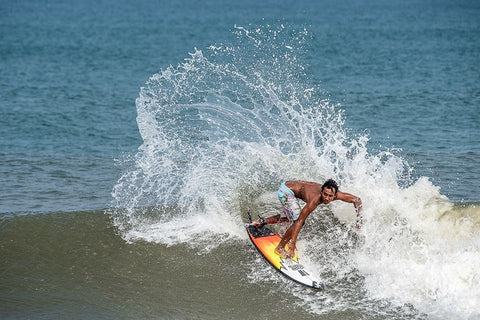 Surfing at Chennai White Modern Wood Framed Art Print with Double Matting by GV, BALASUBRAMANIAN