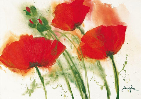 Coquelicots au vent I White Modern Wood Framed Art Print with Double Matting by Marthe