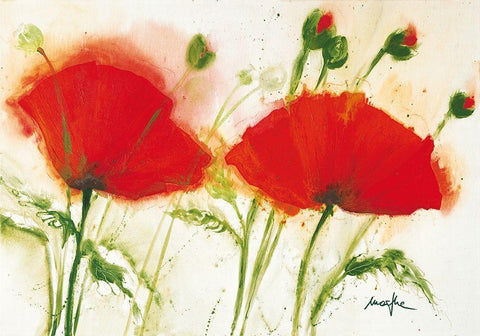 Coquelicots au vent II White Modern Wood Framed Art Print with Double Matting by Marthe