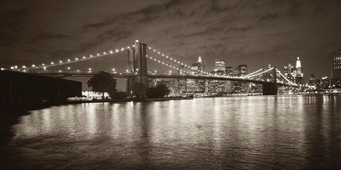 Brooklyn Bridge at Night White Modern Wood Framed Art Print with Double Matting by Butcher, Dave