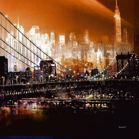 Brooklyn Bridge by Night White Modern Wood Framed Art Print with Double Matting by Mereditt.f