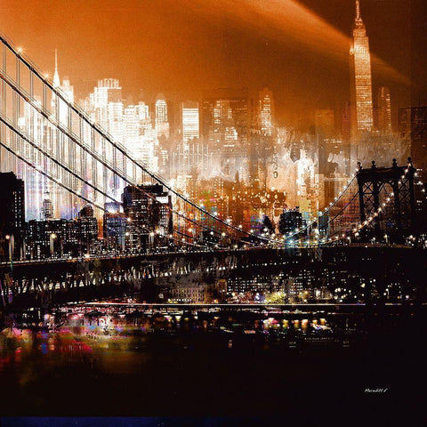 Brooklyn Bridge by Night Gold Ornate Wood Framed Art Print with Double Matting by Mereditt.f