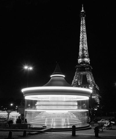 Eiffel Tower Merry Go Round Black Ornate Wood Framed Art Print with Double Matting by Butcher, Dave