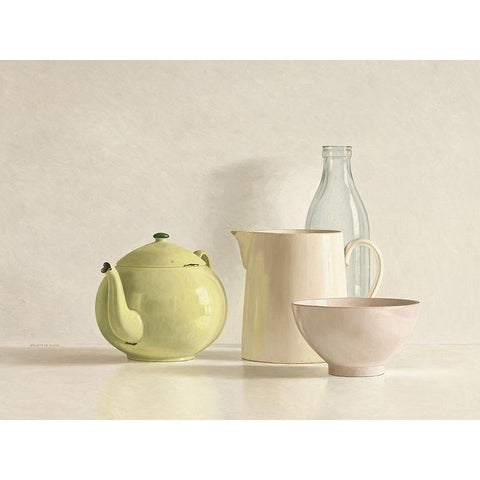 Yellow Teapot-Bottle-Bowl and Jug White Modern Wood Framed Art Print by de Bont, Willem