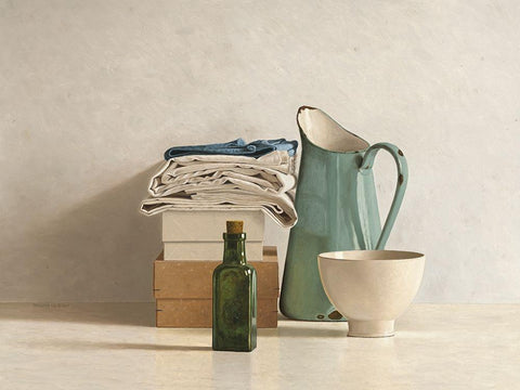 Two Boxes-Cloths-Bottle-Jug and Bowl White Modern Wood Framed Art Print with Double Matting by de Bont, Willem