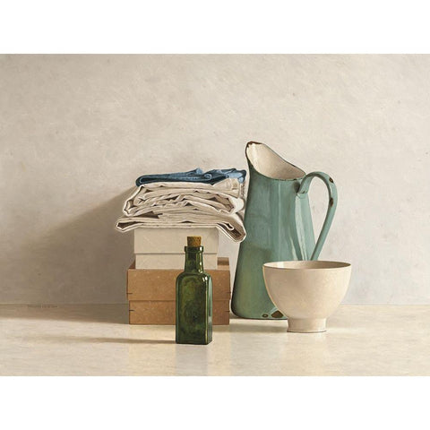 Two Boxes-Cloths-Bottle-Jug and Bowl Black Modern Wood Framed Art Print by de Bont, Willem