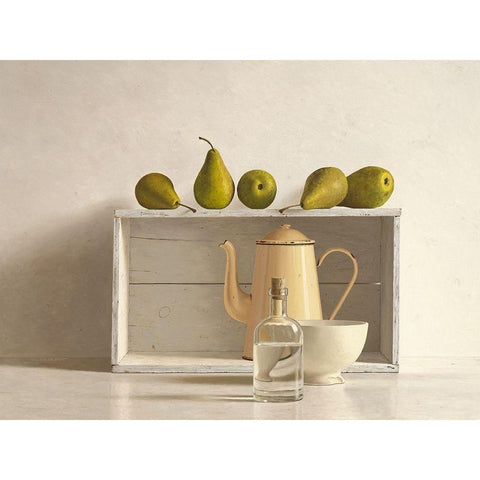 Five Pears on Box White Modern Wood Framed Art Print by de Bont, Willem