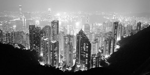 Hong Kong Skyline at Night White Modern Wood Framed Art Print with Double Matting by Butcher, Dave