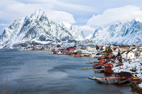 Reine Lofoten im Winter Black Ornate Wood Framed Art Print with Double Matting by Fischer, Rolf