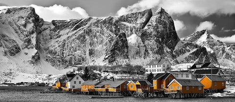 Lofoten Reine Panorama mit gelben Hauser White Modern Wood Framed Art Print with Double Matting by Fischer, Rolf