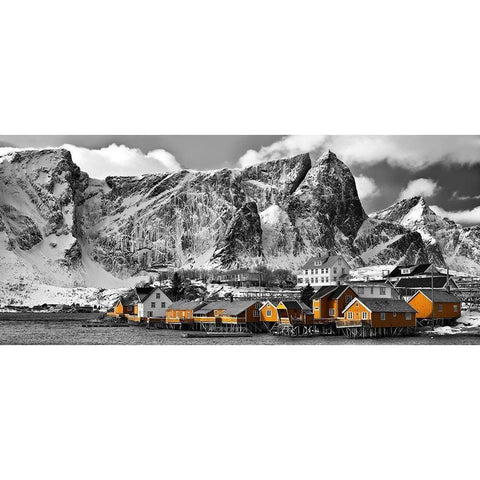 Lofoten Reine Panorama mit gelben Hauser Black Modern Wood Framed Art Print by Fischer, Rolf