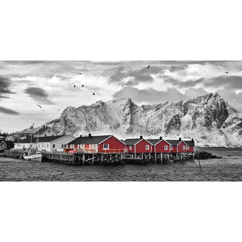 Lofoten Nahe Reine mit roten Hutten White Modern Wood Framed Art Print by Fischer, Rolf