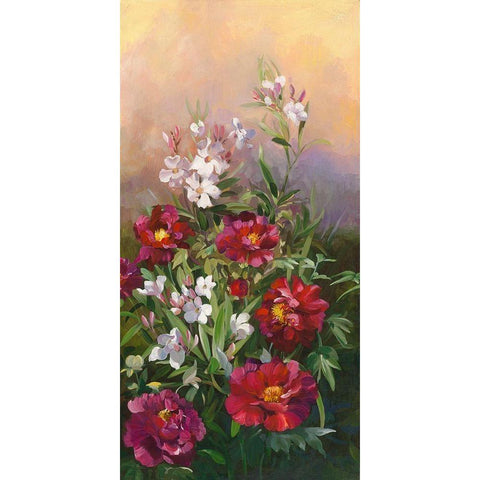 Pivoines rouges et laurier Black Modern Wood Framed Art Print with Double Matting by Vernageau, Sylvie