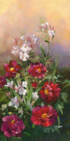 Pivoines rouges et laurier Black Ornate Wood Framed Art Print with Double Matting by Vernageau, Sylvie