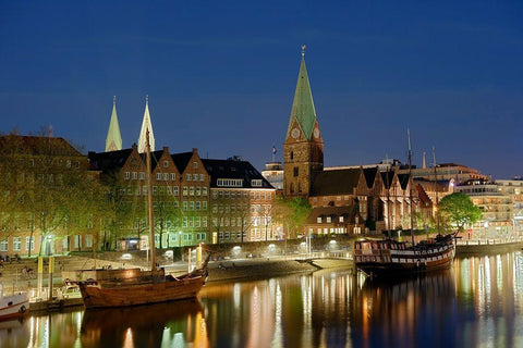 Bremen Hafen bei Nacht Black Ornate Wood Framed Art Print with Double Matting by Fischer, Rolf